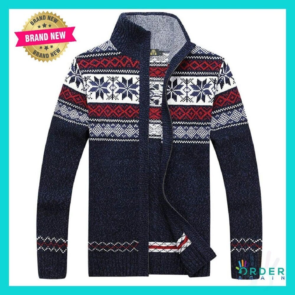 Men's Cable Knit Full Zip Cardigan Classic Slim Fit Stand Collar Sweater